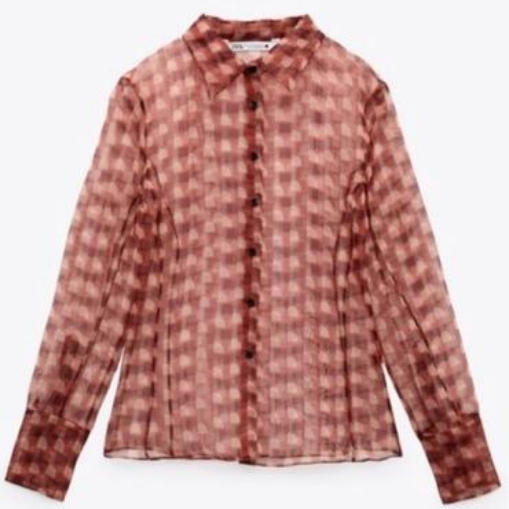 Zara Pink Checkered Sheer Button-Up Blouse